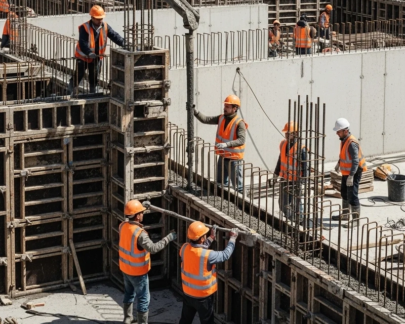 Bygning af betonvægge og søjler